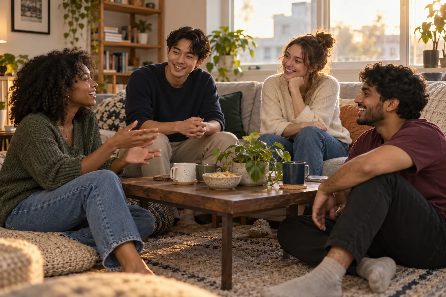 Illustration: Young adults take part in friends catching up around a living-room coffee table.
