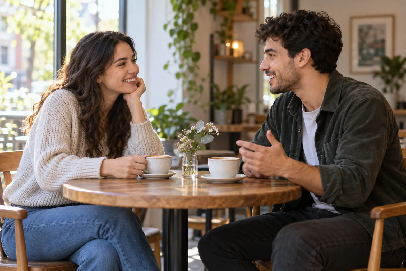 Illustration: Young adults take part in newcomers chatting over coffee at a cafe.