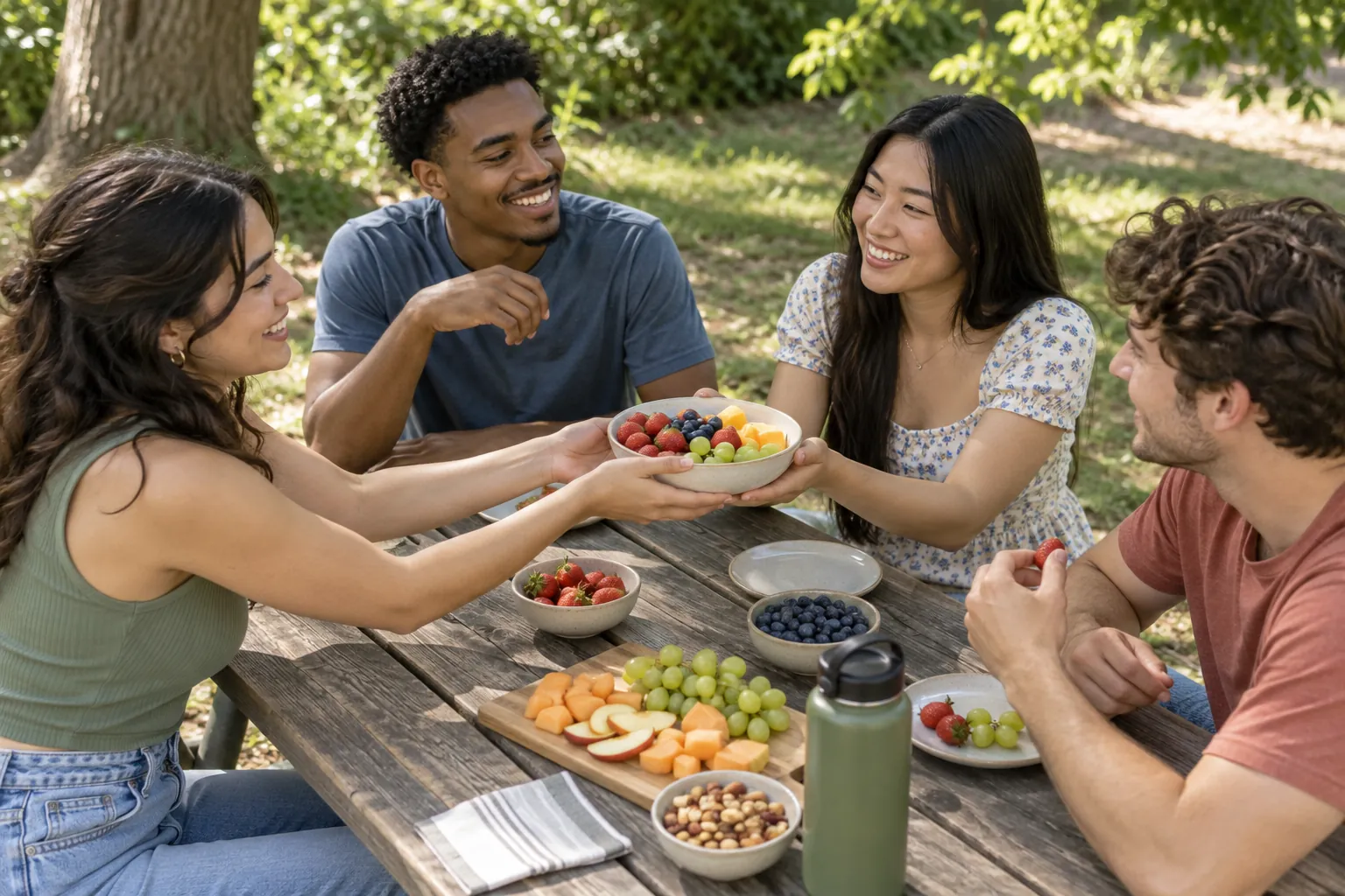 Young adults take part in young adults sharing snacks at a relaxed park picnic.