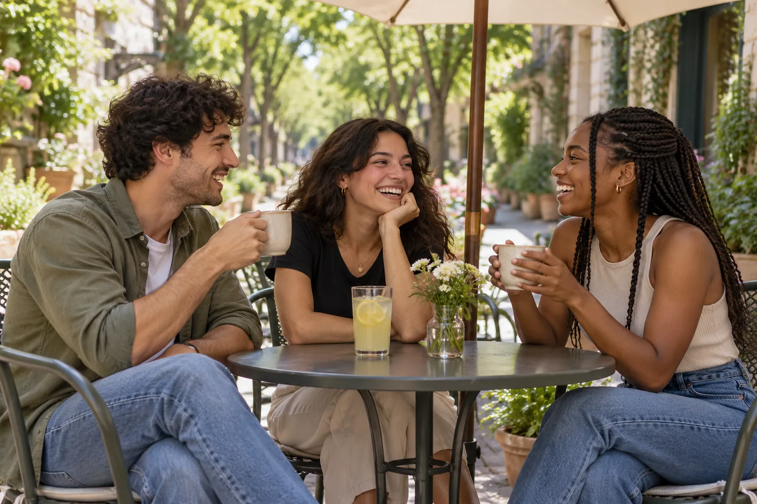 Illustration: Young adults take part in friends meeting for drinks at a cozy neighborhood bar.