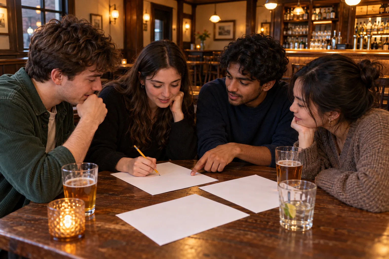 Illustration: Young adults take part in friends laughing around a pub quiz table with blank answer sheets.