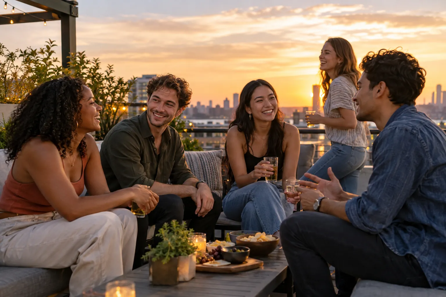 Illustration: Young adults take part in a welcoming rooftop social at sunset.