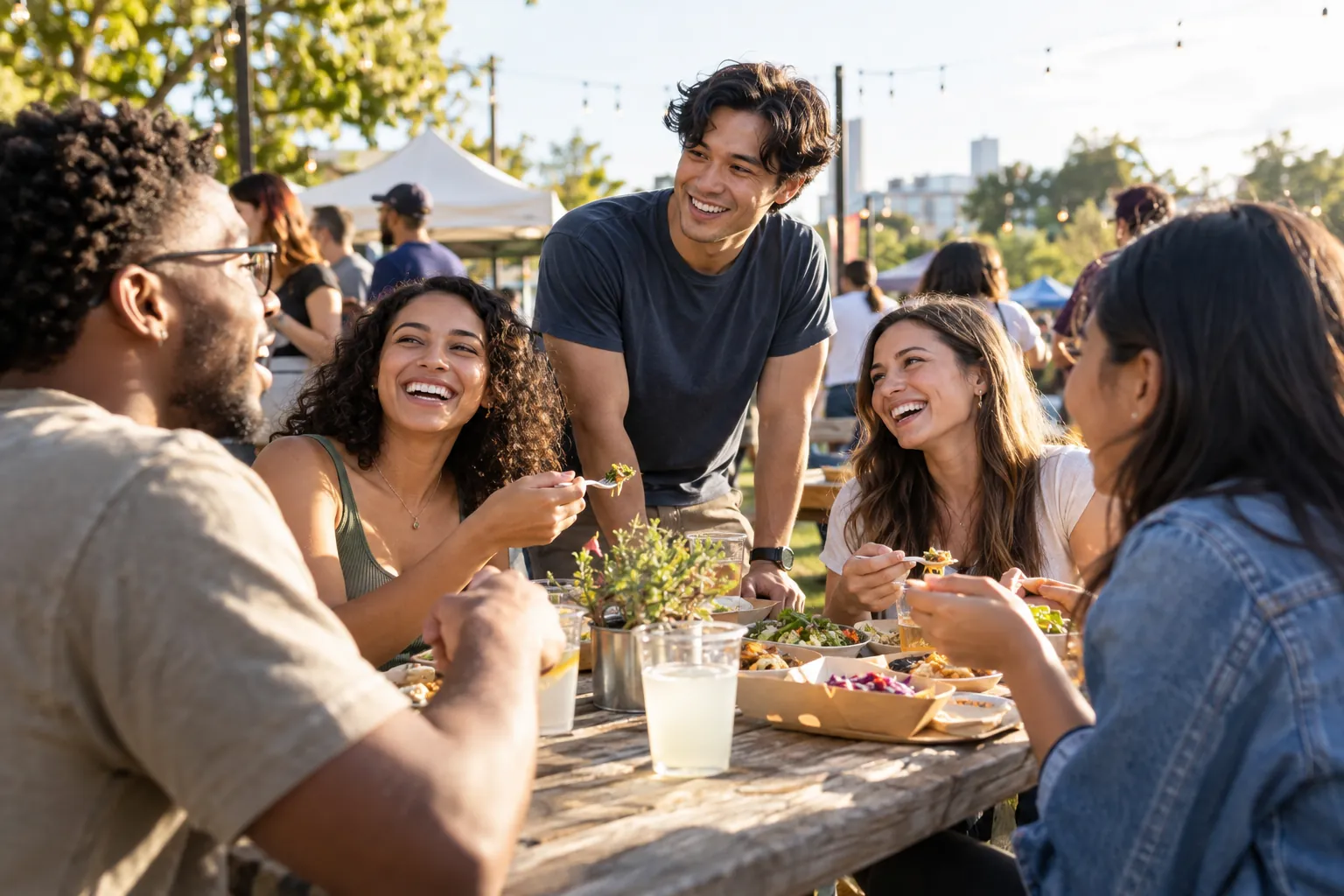 Illustration: Young adults take part in young adults meeting at an outdoor community event.