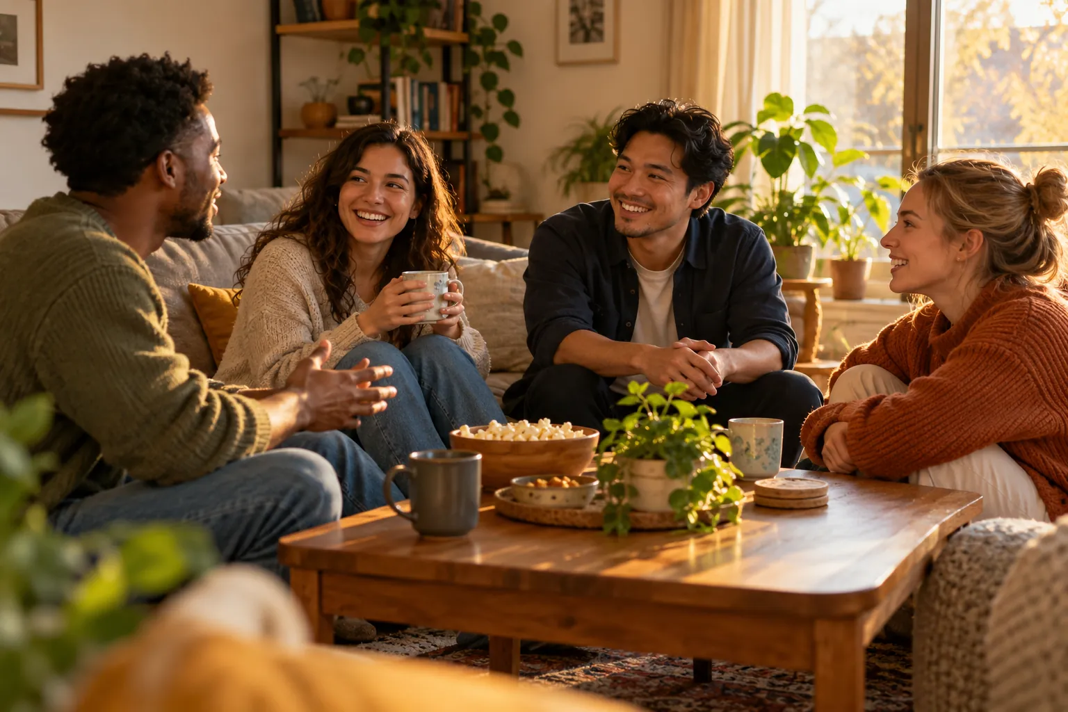 Illustration: Young adults take part in friends catching up around a living-room coffee table.