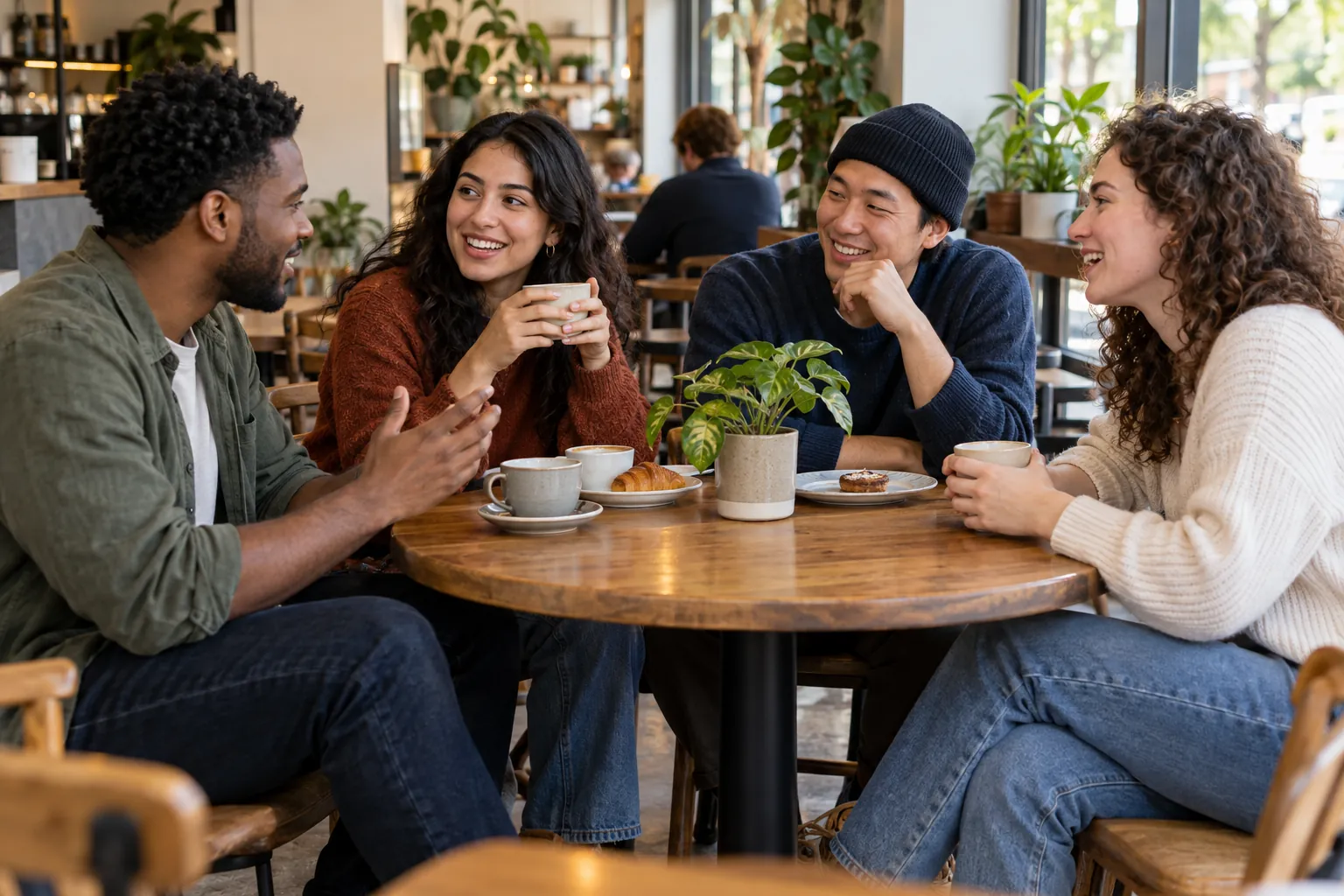 Illustration: Young adults take part in newcomers chatting over coffee at a cafe.