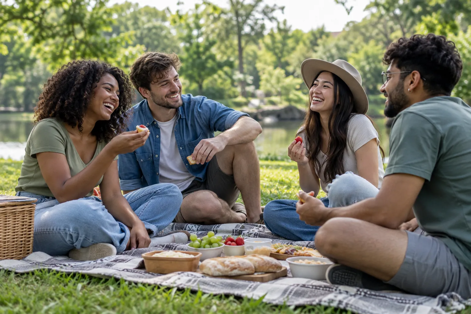 Illustration: Young adults take part in young adults sharing snacks at a relaxed park picnic.