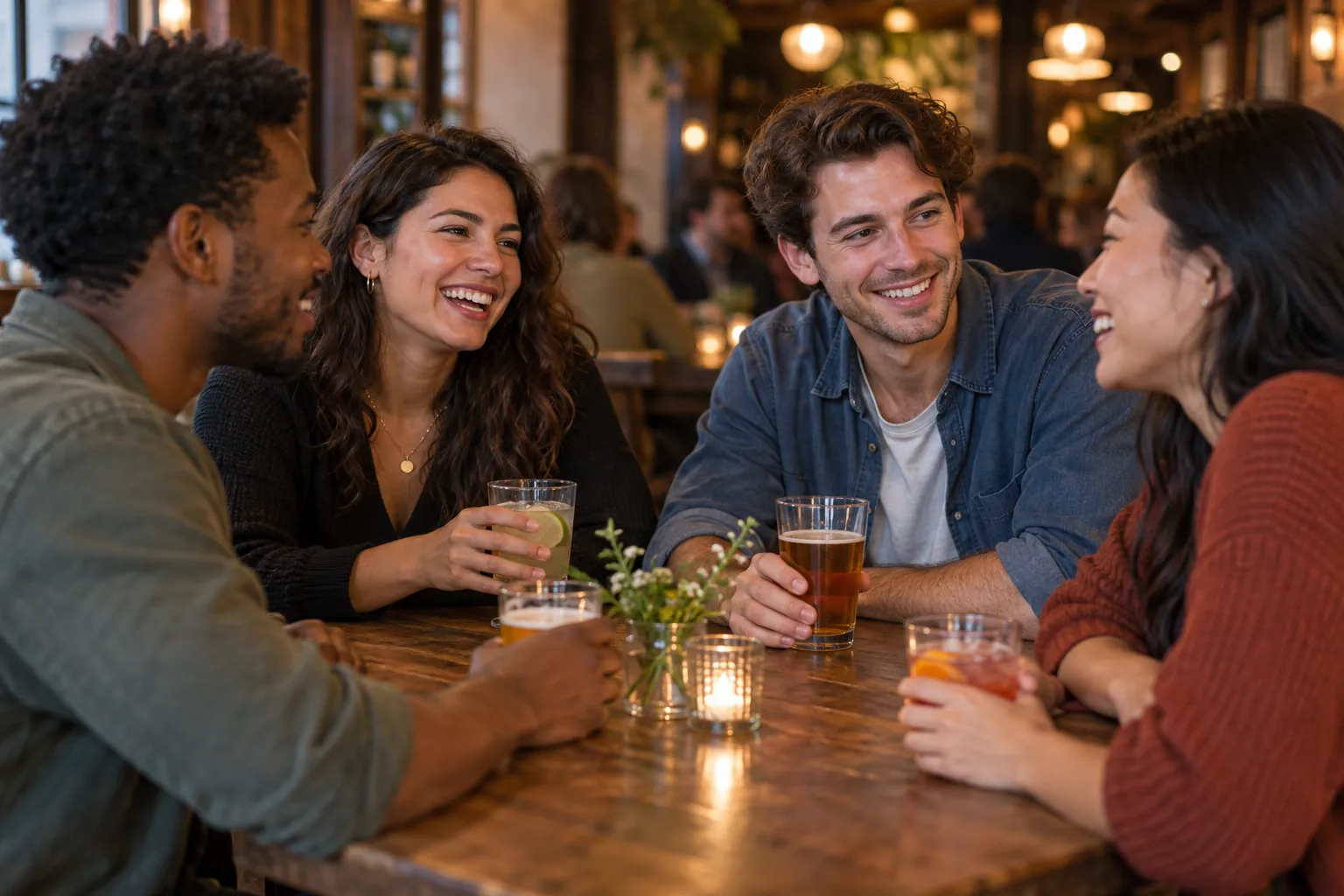 Young adults take part in friends meeting for drinks at a cozy neighborhood bar.