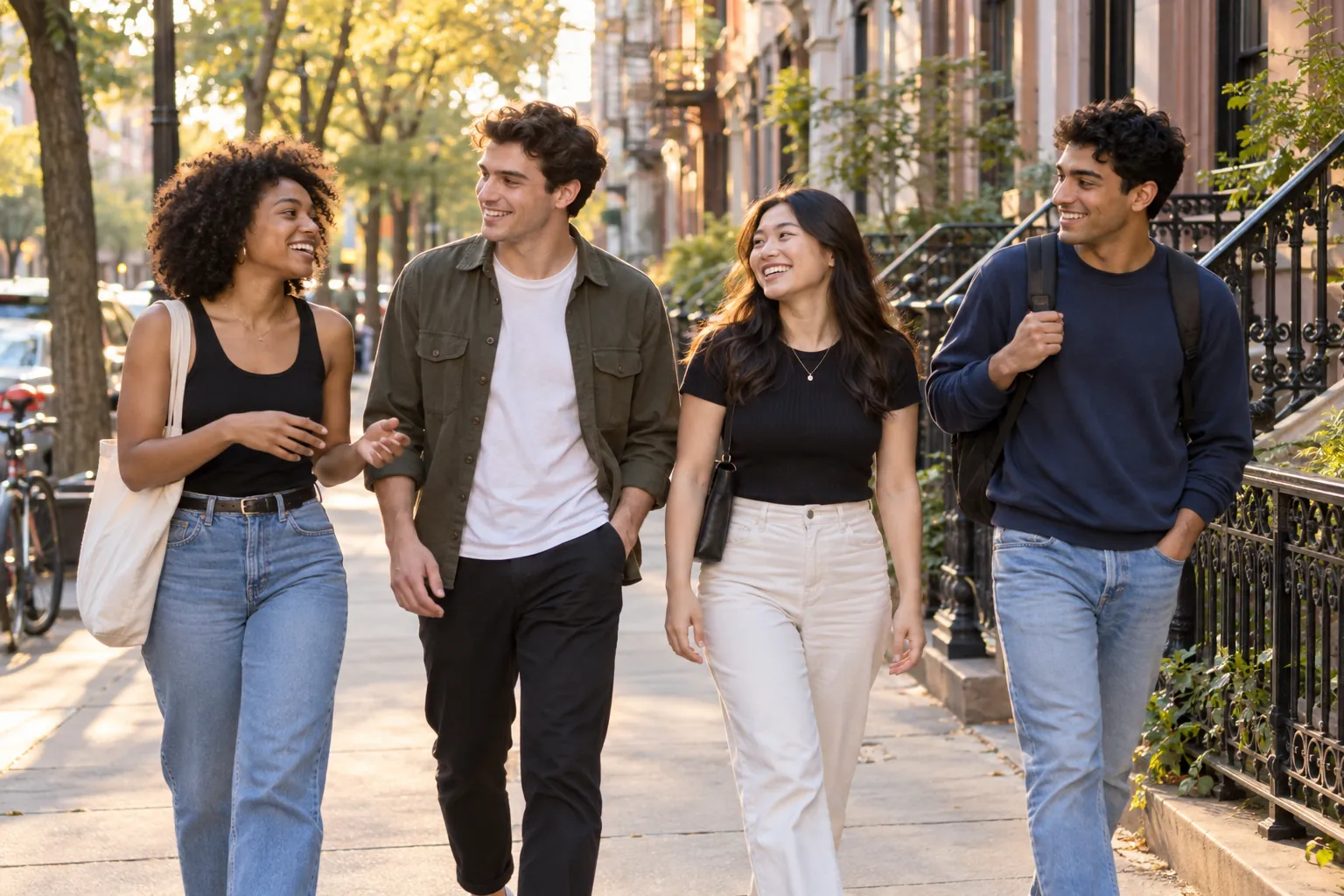 Young adults take part in a small group strolling together along a leafy city street.
