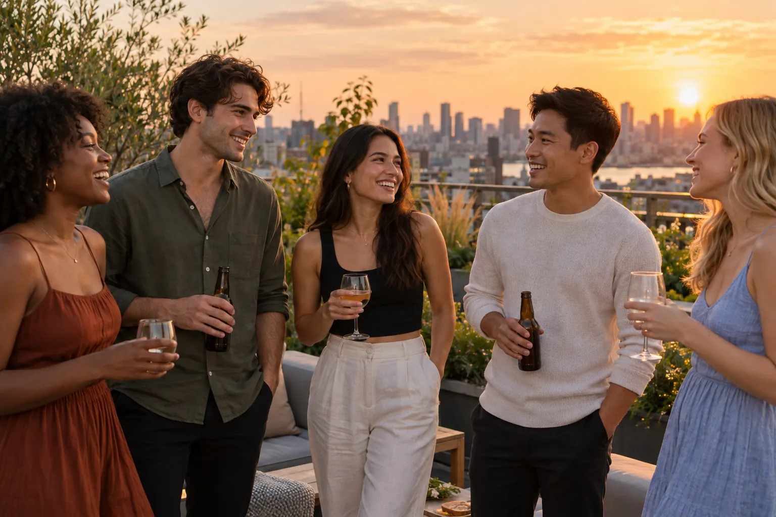 Illustration: Young adults take part in a welcoming rooftop social at sunset.