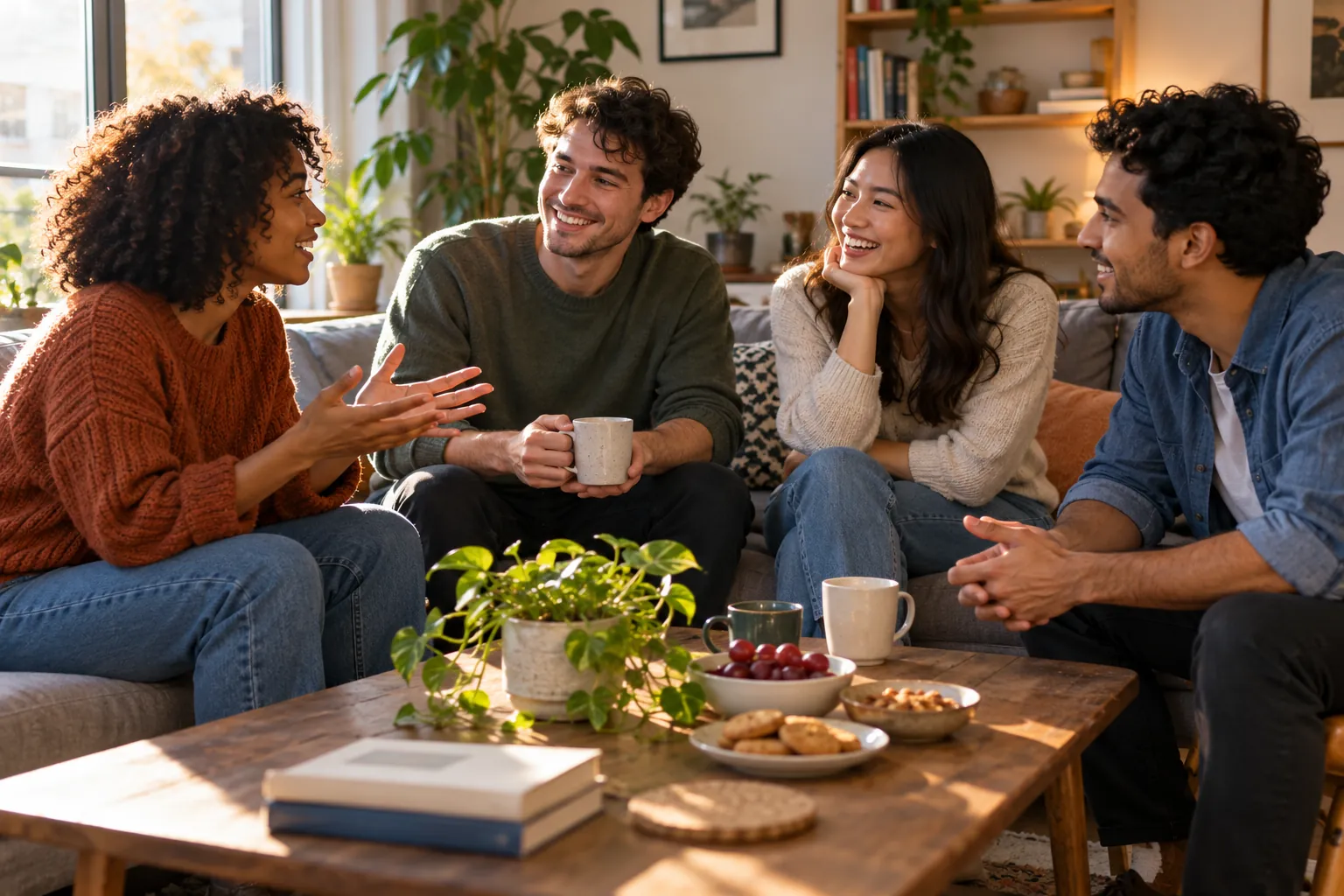 Illustration: Young adults take part in friends catching up around a living-room coffee table.