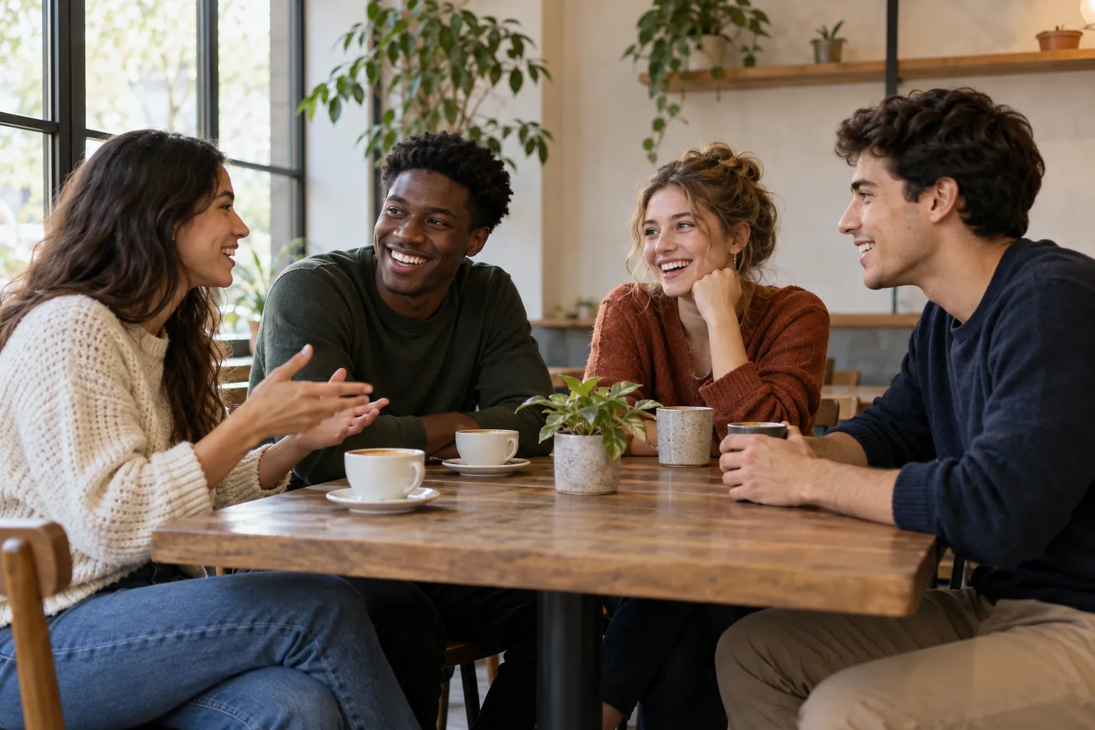 Illustration: Young adults take part in newcomers chatting over coffee at a cafe.