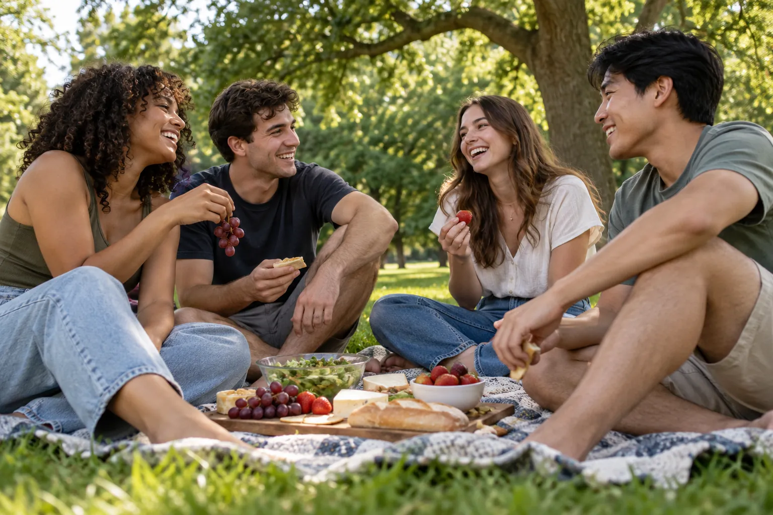 Illustration: Young adults take part in young adults sharing snacks at a relaxed park picnic.