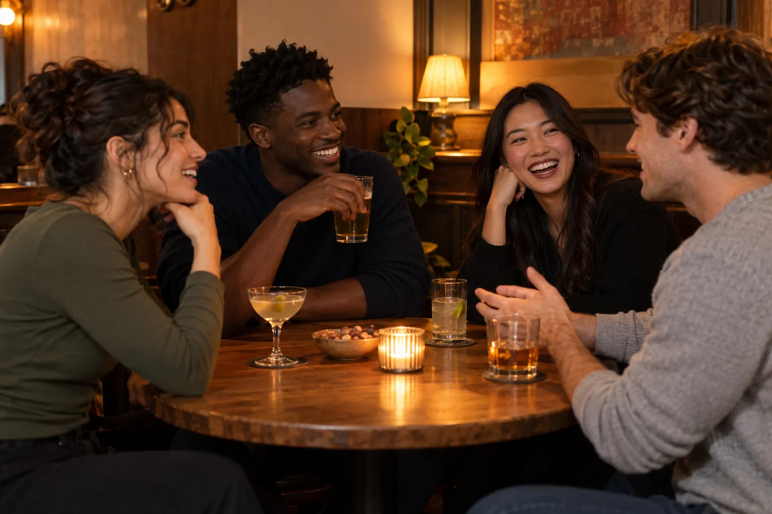 Illustration: Young adults take part in friends meeting for drinks at a cozy neighborhood bar.