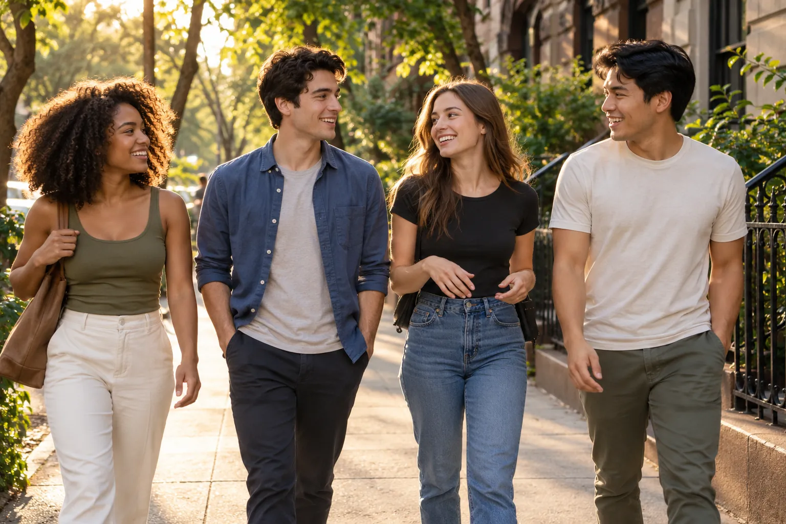 Illustration: Young adults take part in a small group strolling together along a leafy city street.