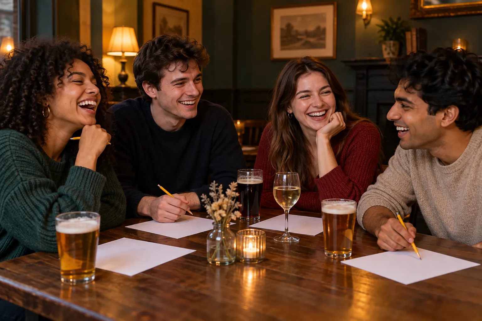 Illustration: Young adults take part in friends laughing around a pub quiz table with blank answer sheets.