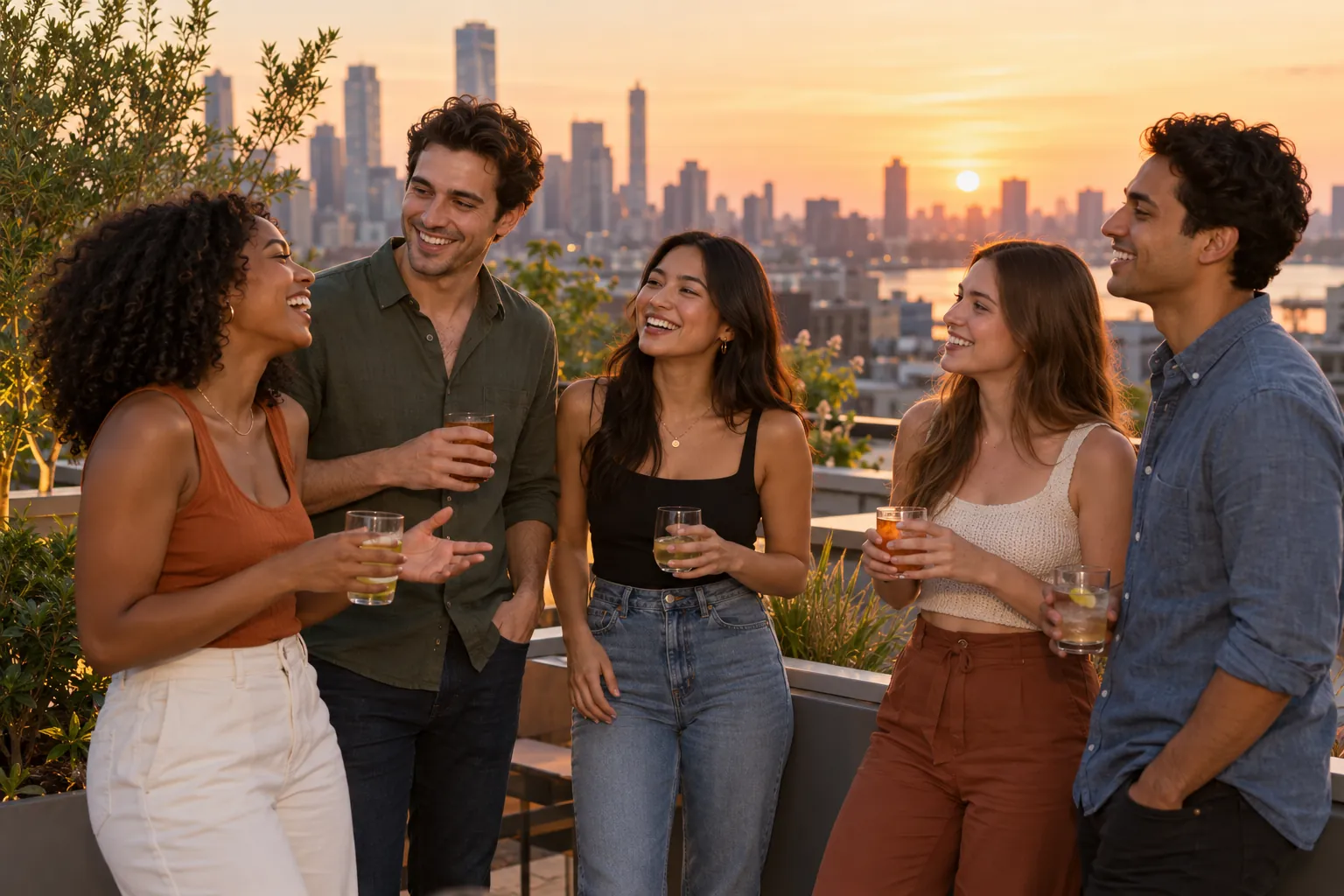 Illustration: Young adults take part in a welcoming rooftop social at sunset.