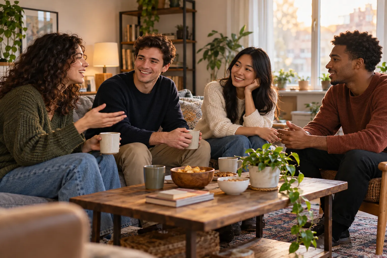 Young adults take part in friends catching up around a living-room coffee table.