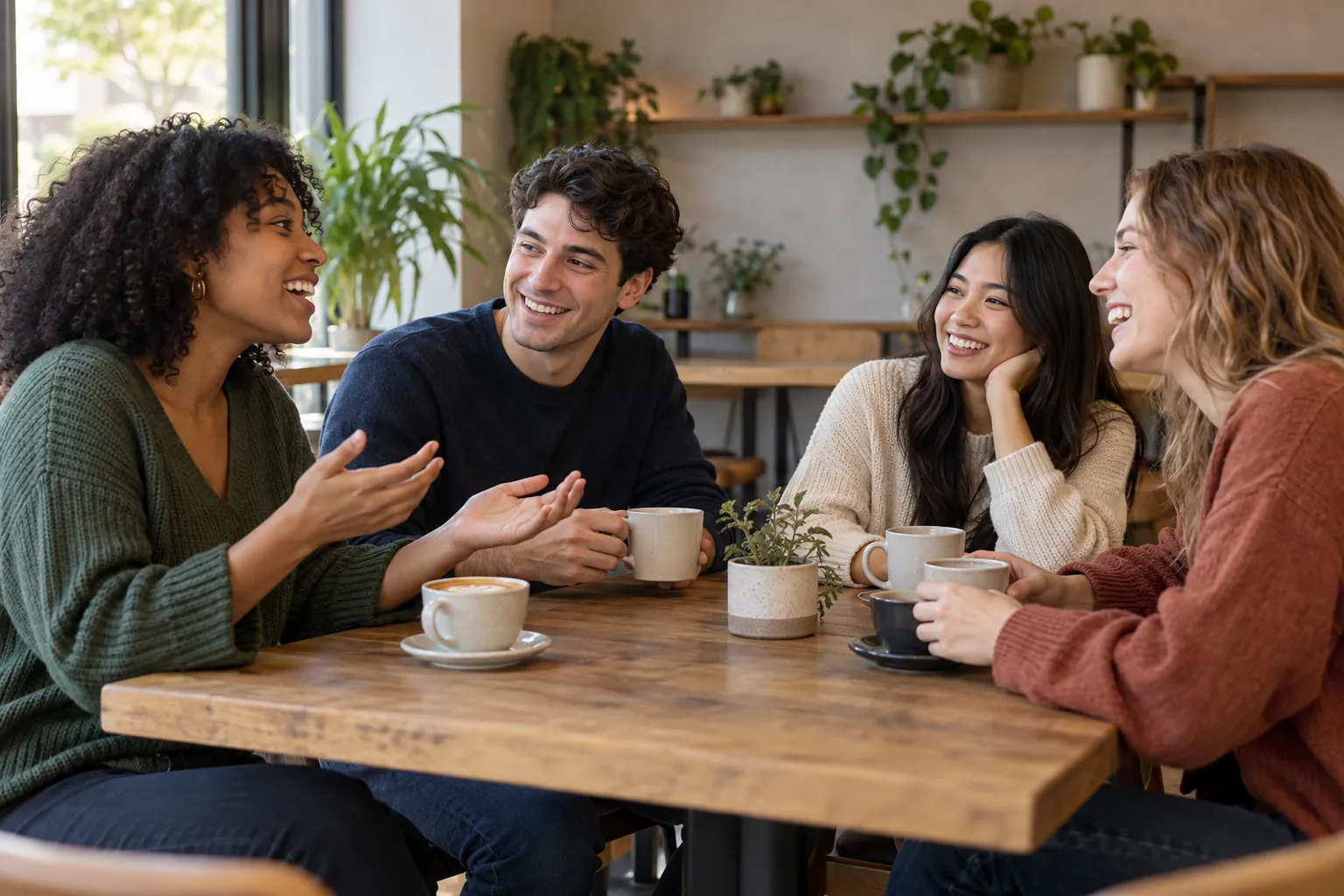 Illustration: Young adults take part in newcomers chatting over coffee at a cafe.
