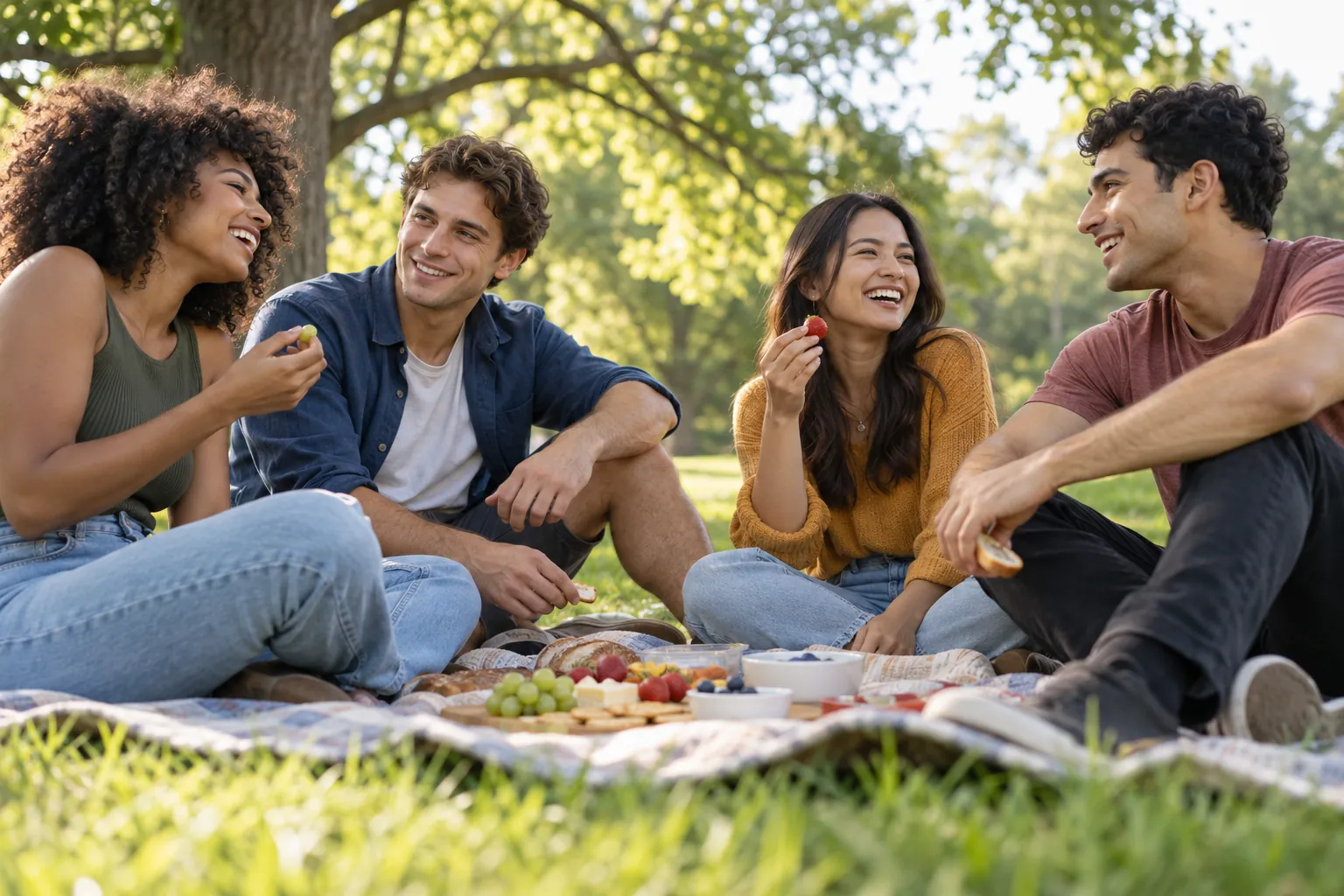 Illustration: Young adults take part in young adults sharing snacks at a relaxed park picnic.