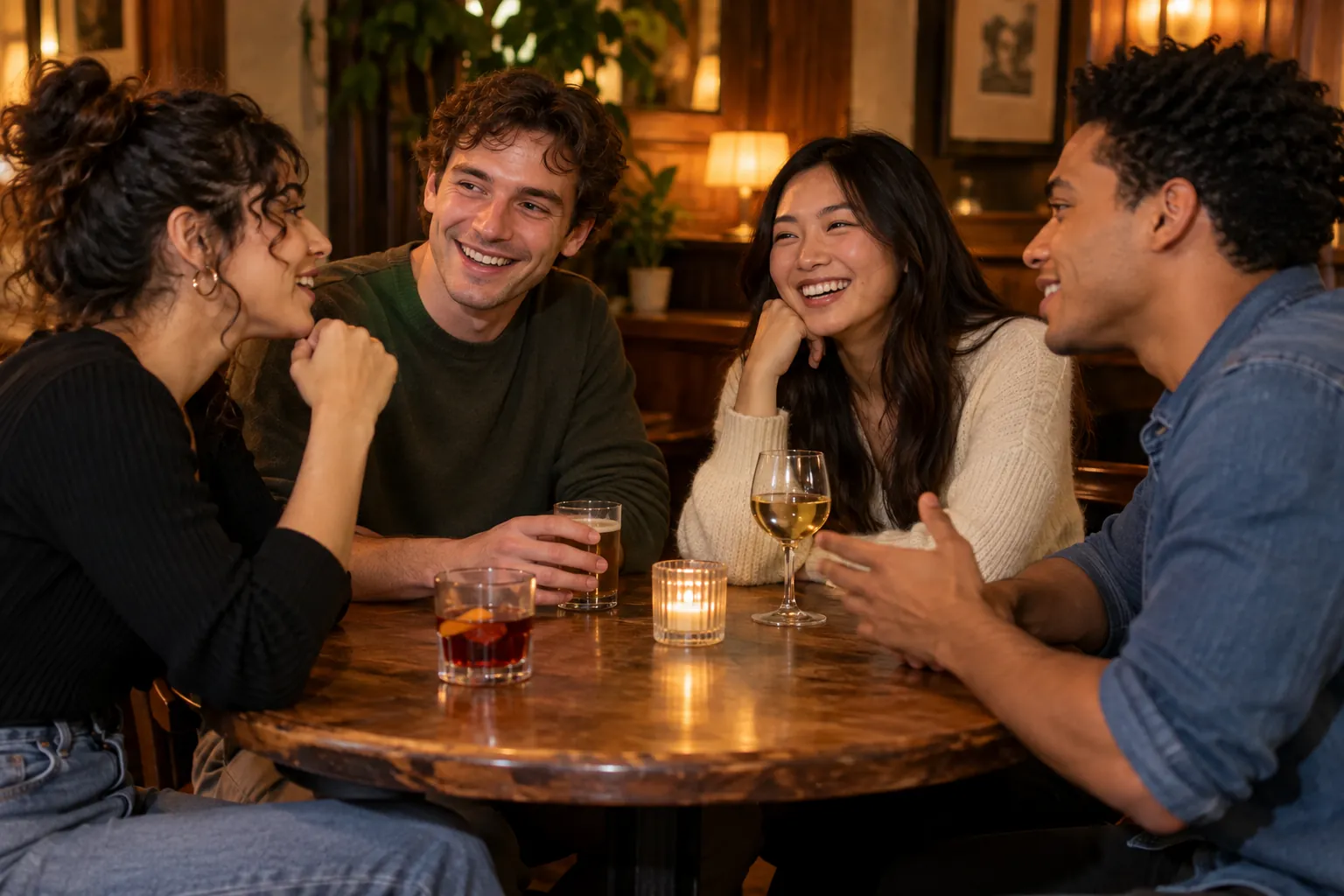 Illustration: Young adults take part in friends meeting for drinks at a cozy neighborhood bar.
