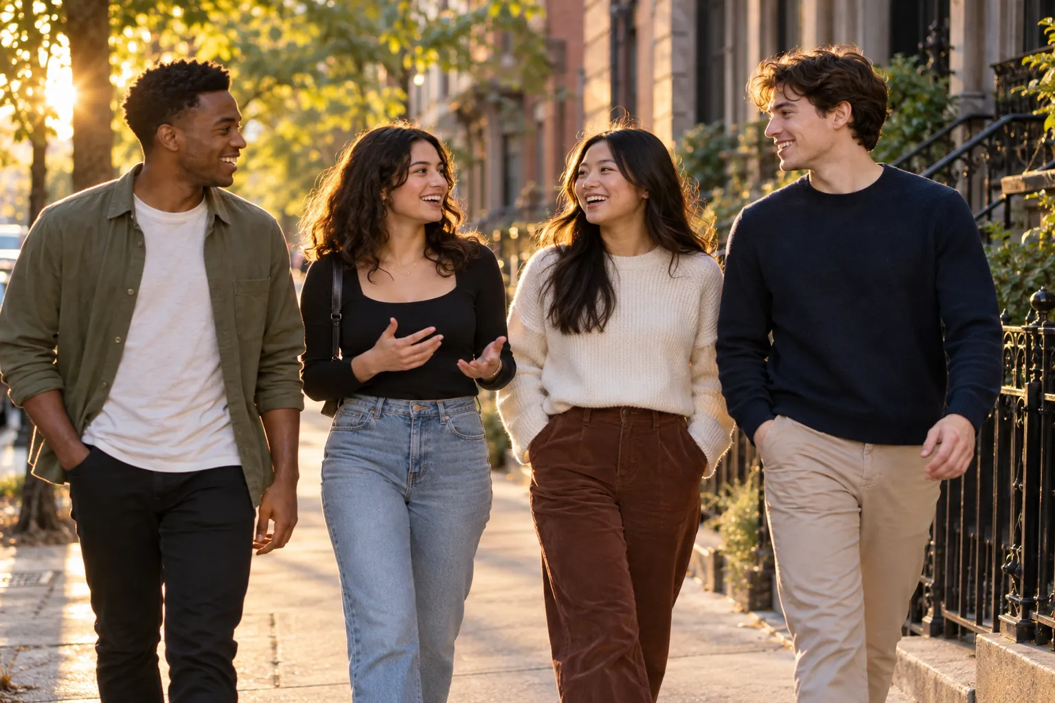 Illustration: Young adults take part in a small group strolling together along a leafy city street.