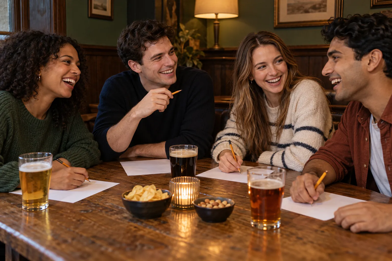 Illustration: Young adults take part in friends laughing around a pub quiz table with blank answer sheets.