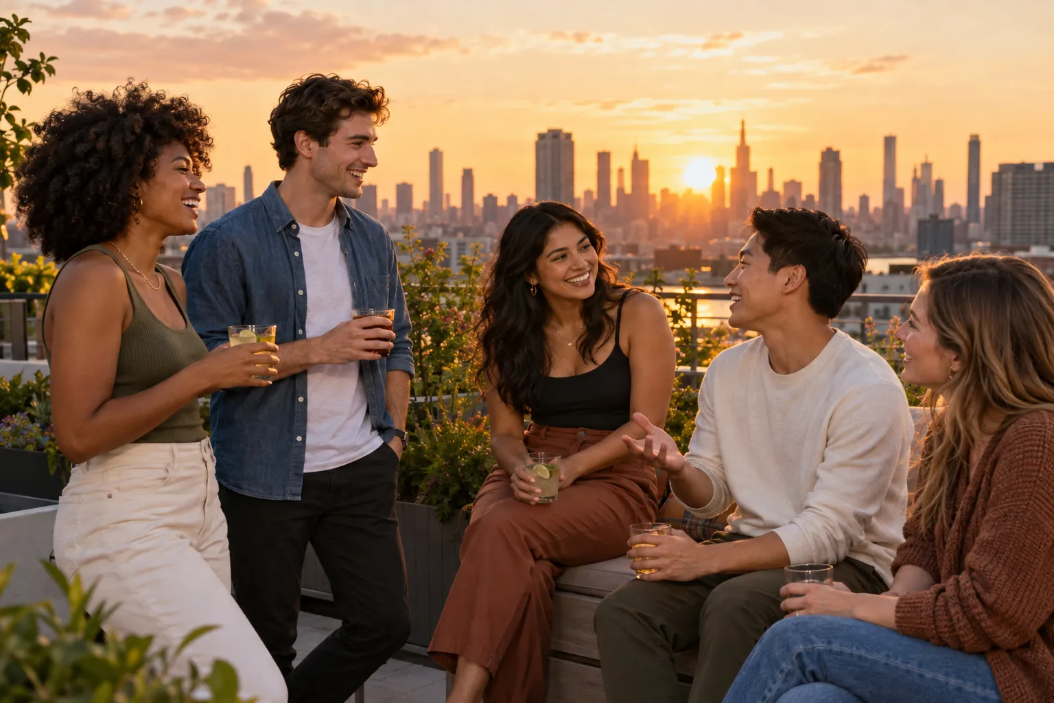 Illustration: Young adults take part in a welcoming rooftop social at sunset.