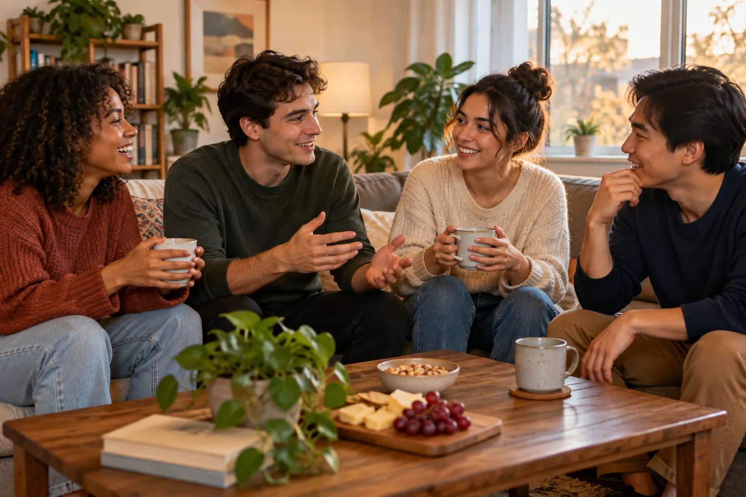Illustration: Young adults take part in friends catching up around a living-room coffee table.