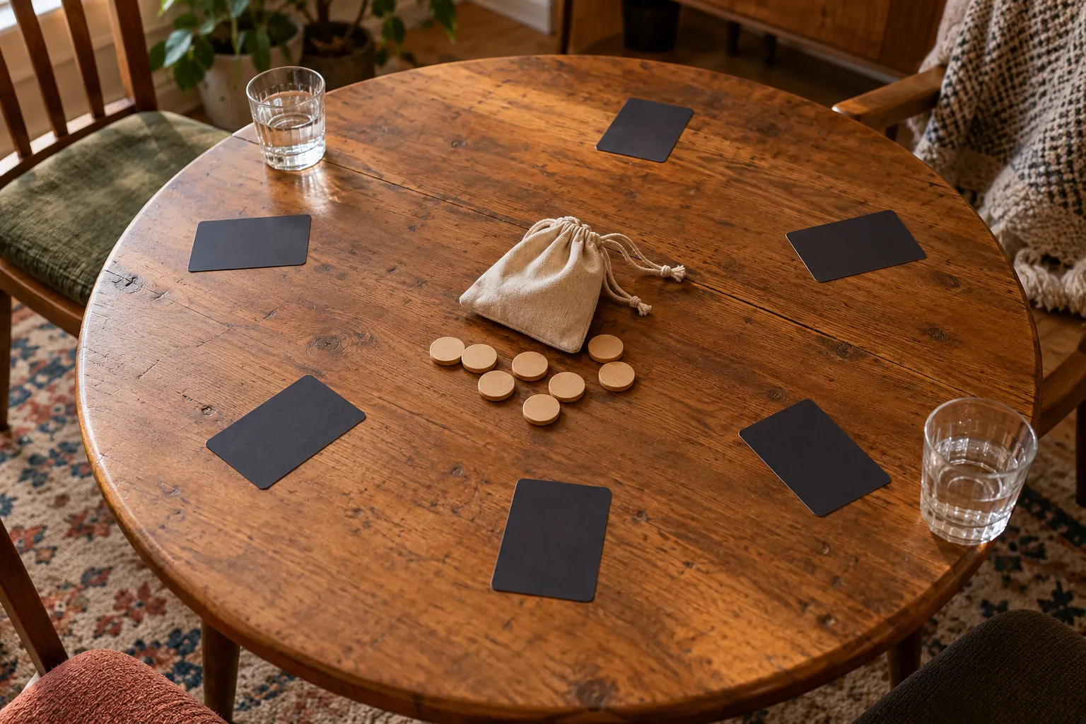Illustration: Plain face-down cards and wooden voting discs arranged around a round table.