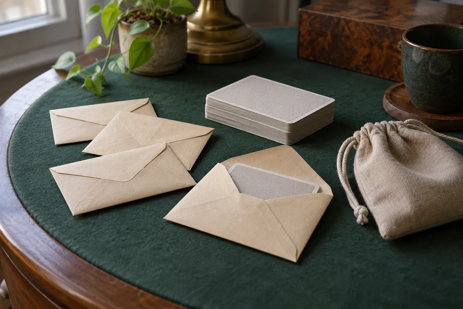 Illustration: Opaque envelopes, face-down cards and a drawstring pouch on a felt table.