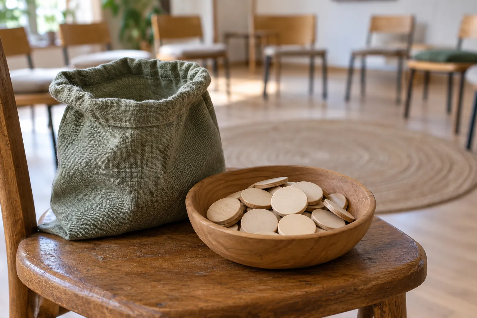 Illustration: An opaque cloth bag and face-down wooden role discs on a chair seat.