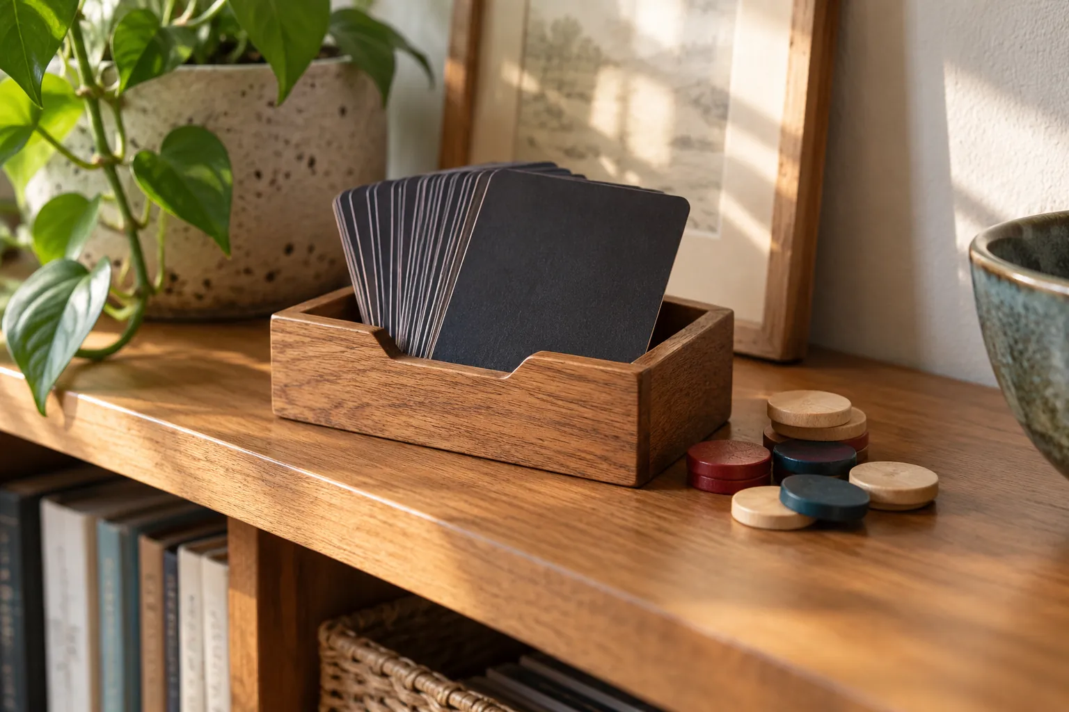 Illustration: Plain-backed role cards in a wooden holder beside voting counters.