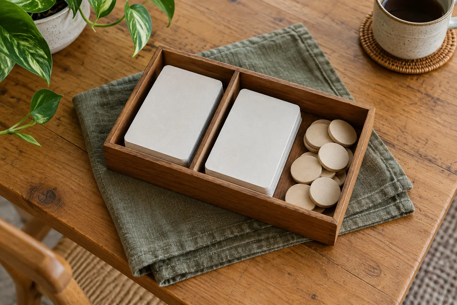 Illustration: A divided box of plain-backed cards and blank tokens on a shared table.