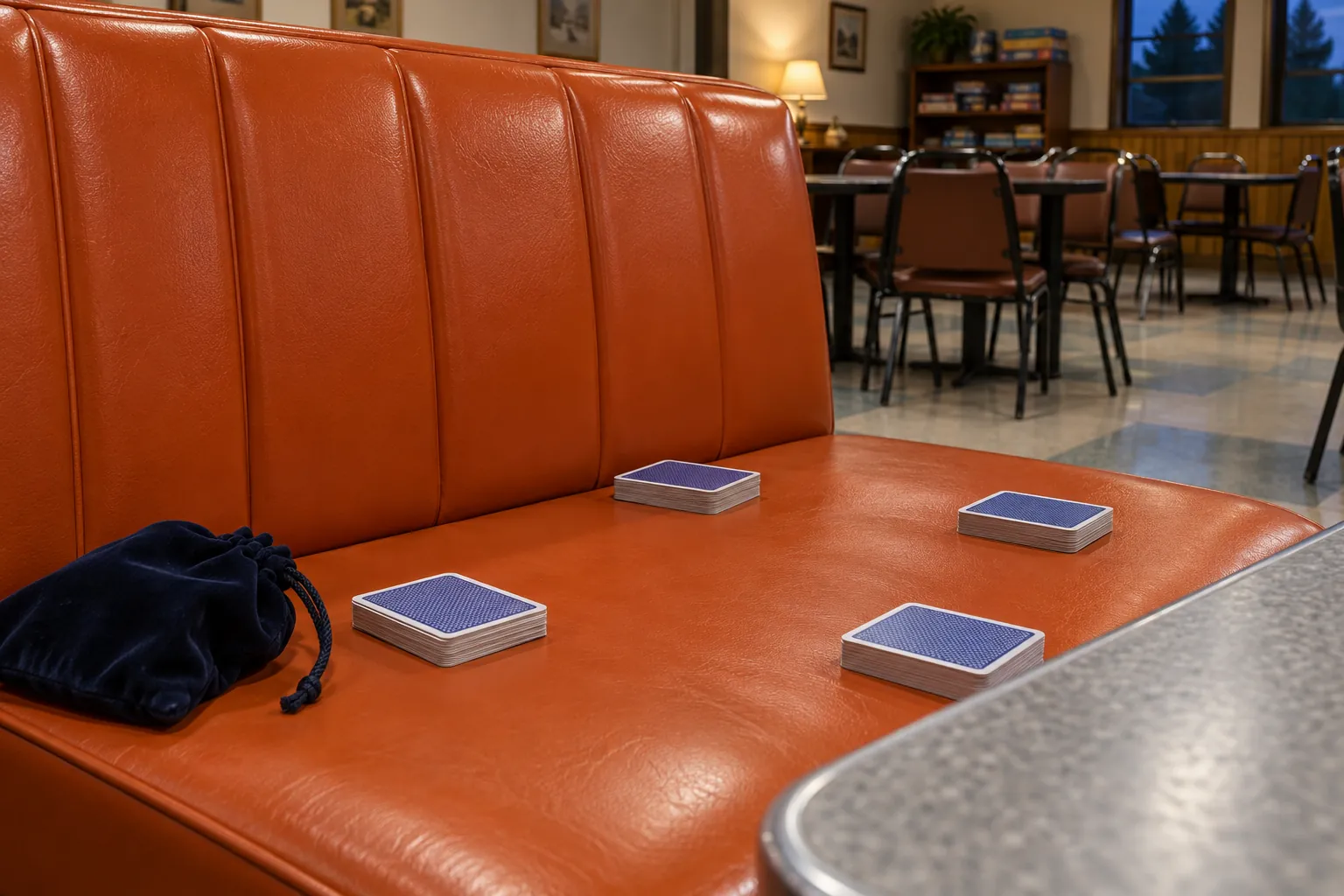Illustration: Plain-backed role cards and a token pouch on an orange games-room booth.