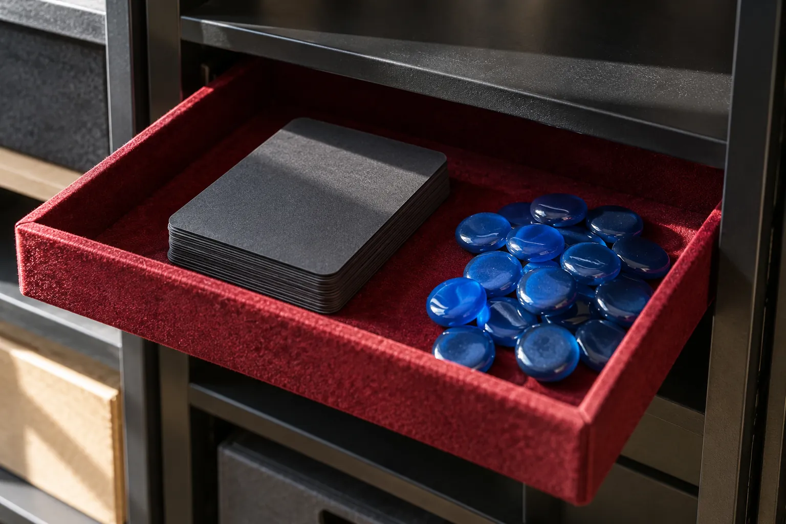 Illustration: Face-down cards and blue voting stones inside a red flocked tray.