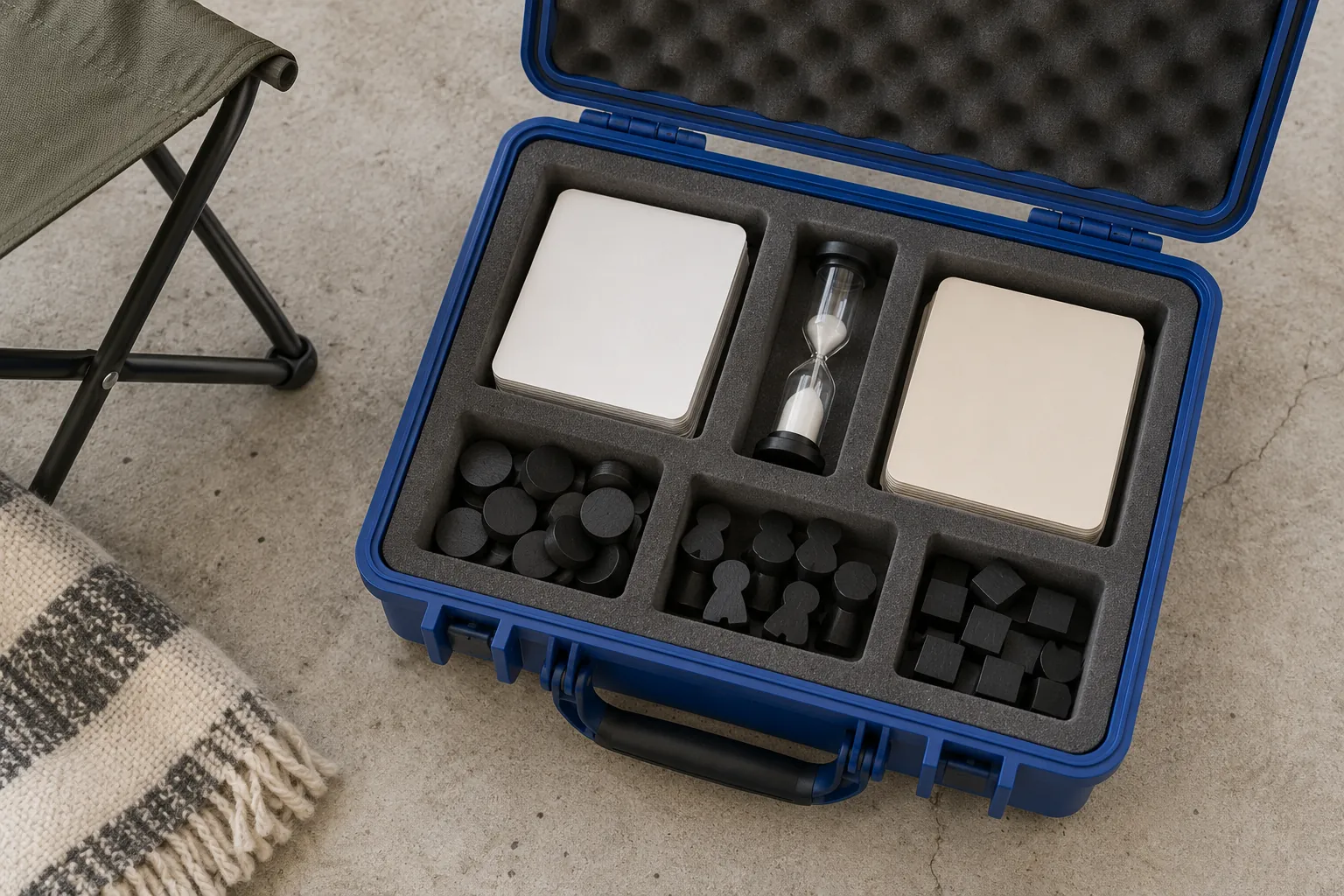 Illustration: A cobalt travel case holding plain role cards, a timer and blank tokens.