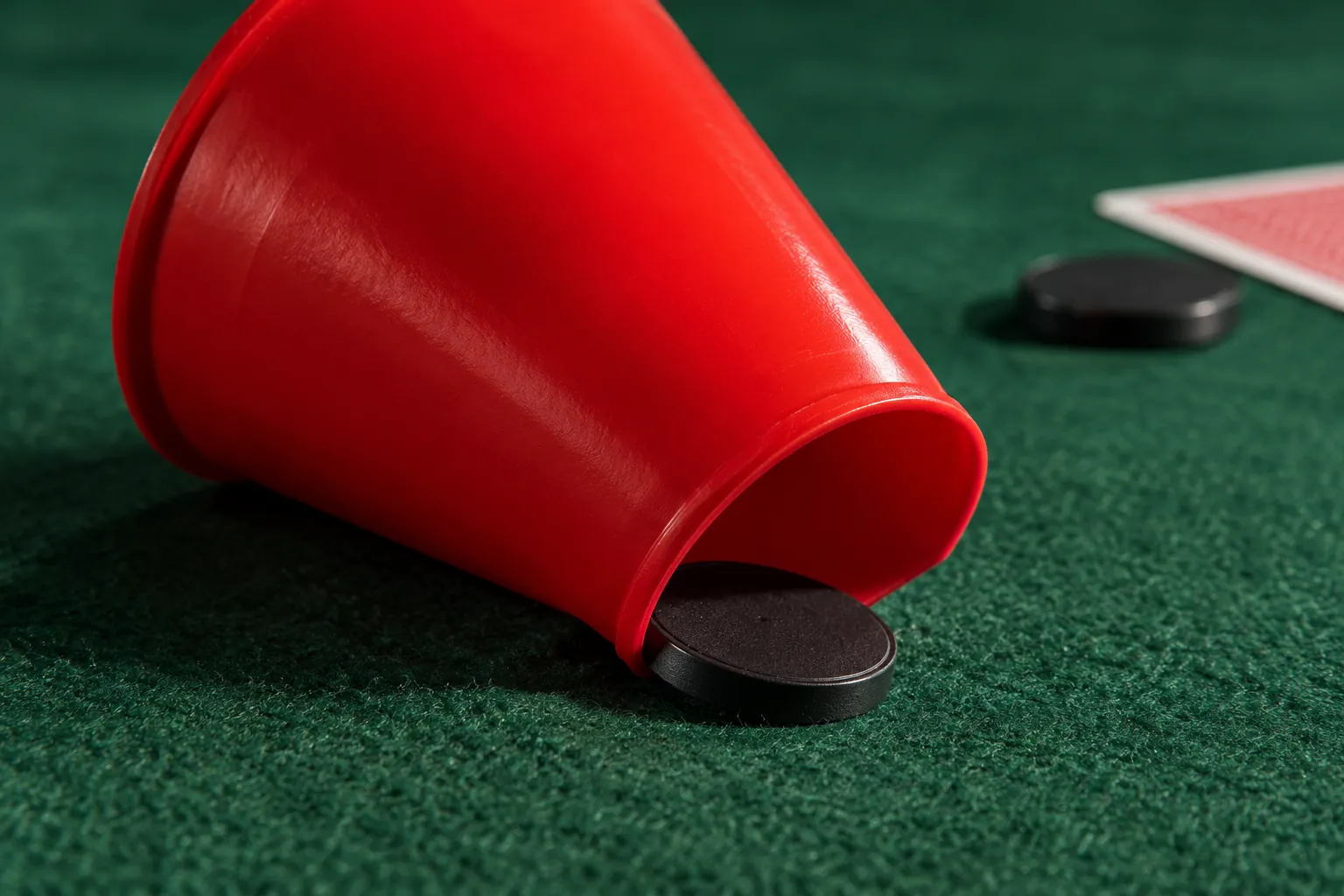 Illustration: A black token partly concealed beneath a scarlet cup on green felt.