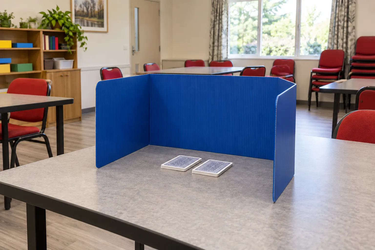 Illustration: Plain role cards behind a blue privacy divider in an empty games room.