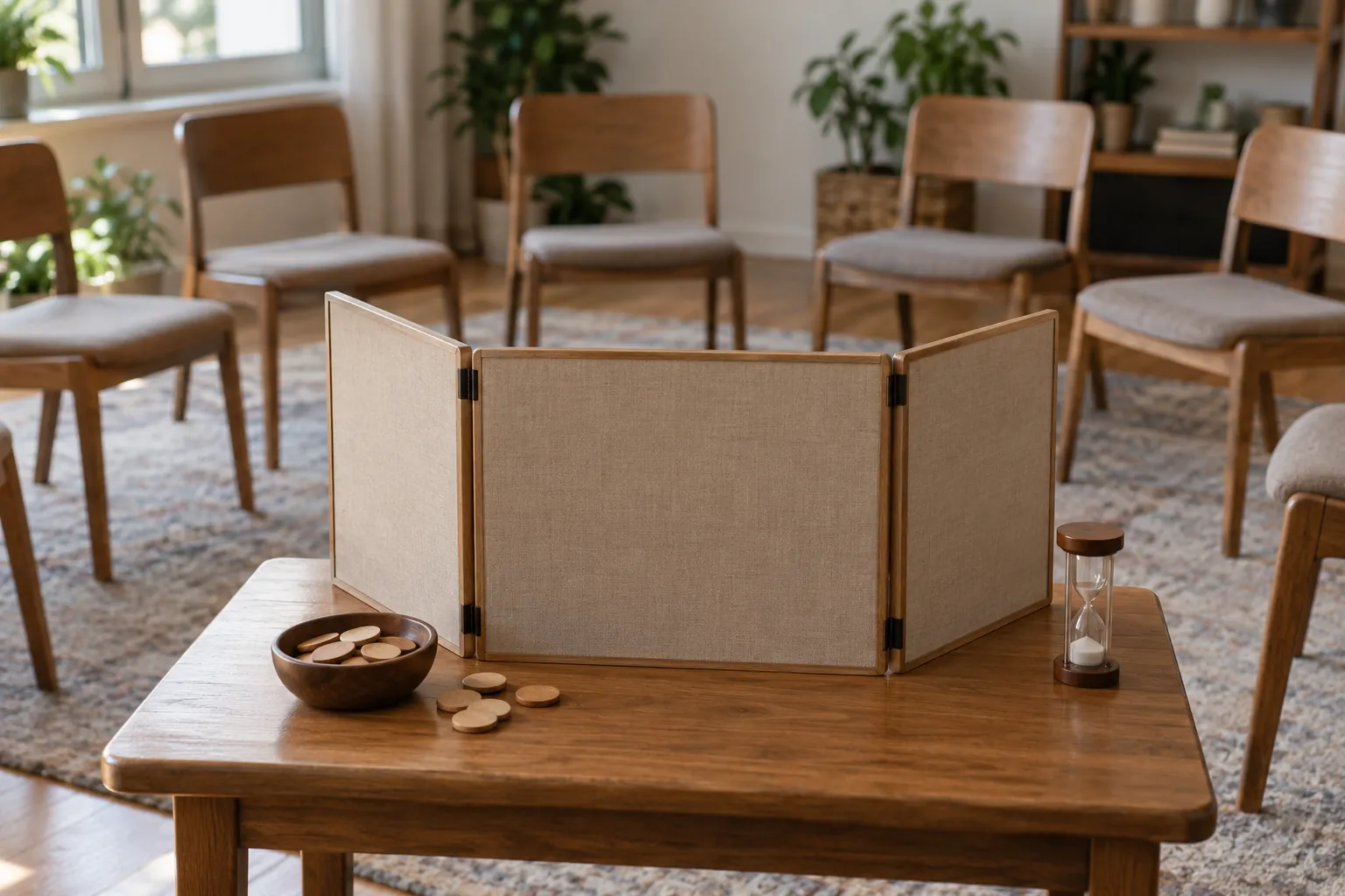 Illustration: A plain folding screen, wooden counters and sand timer beside an empty chair circle.