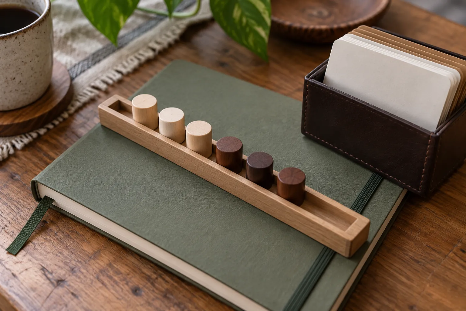 Illustration: Light and dark wooden markers on an unlabeled rail beside a role-card wallet.