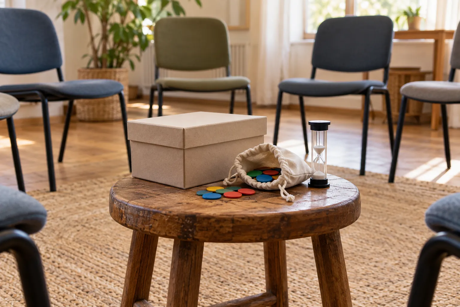 Illustration: A covered card box, voting-disc bag and sand timer on a moderator's stool.