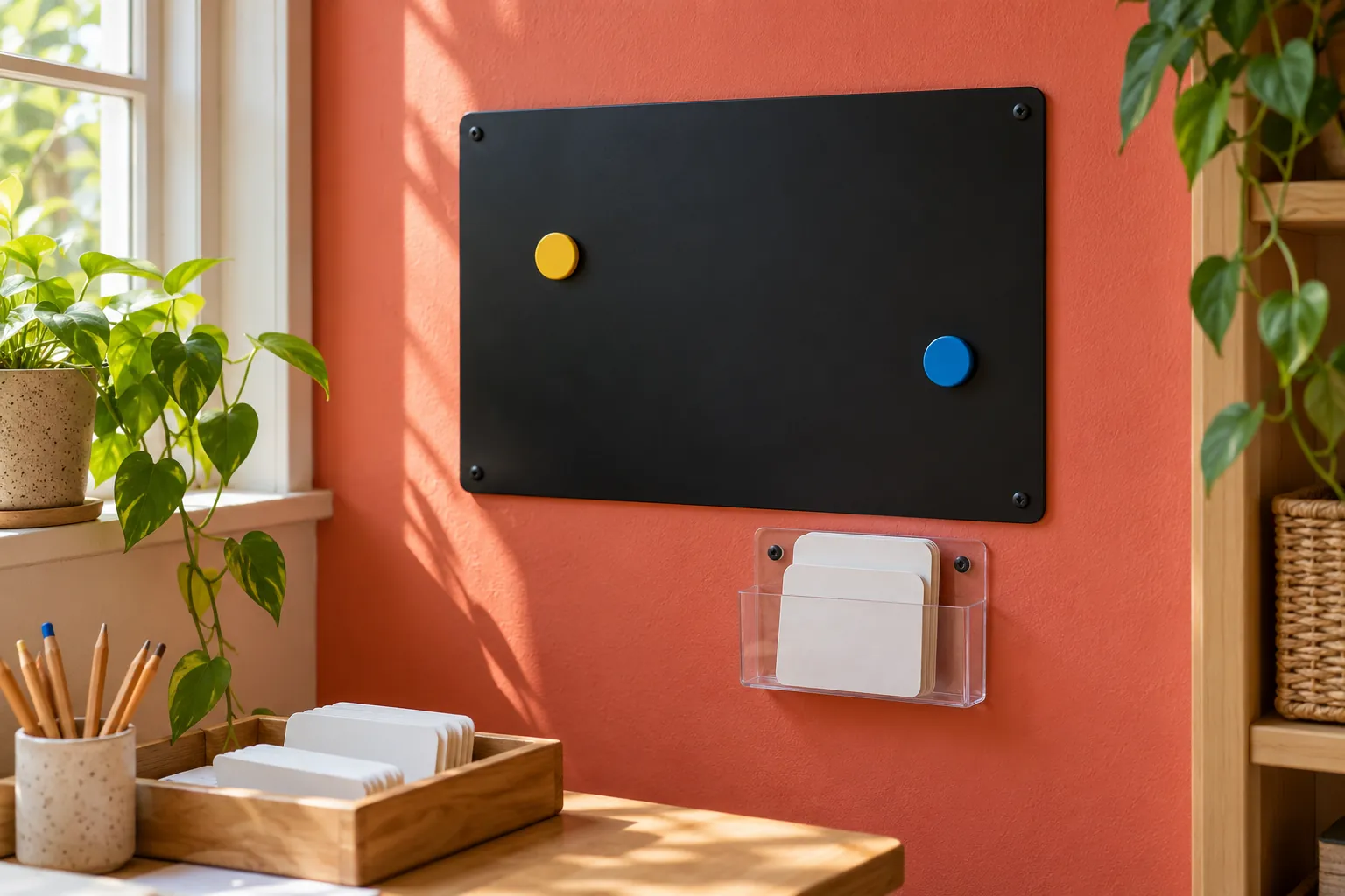 Illustration: Plain colored day markers on a small black panel above a pocket of role cards.