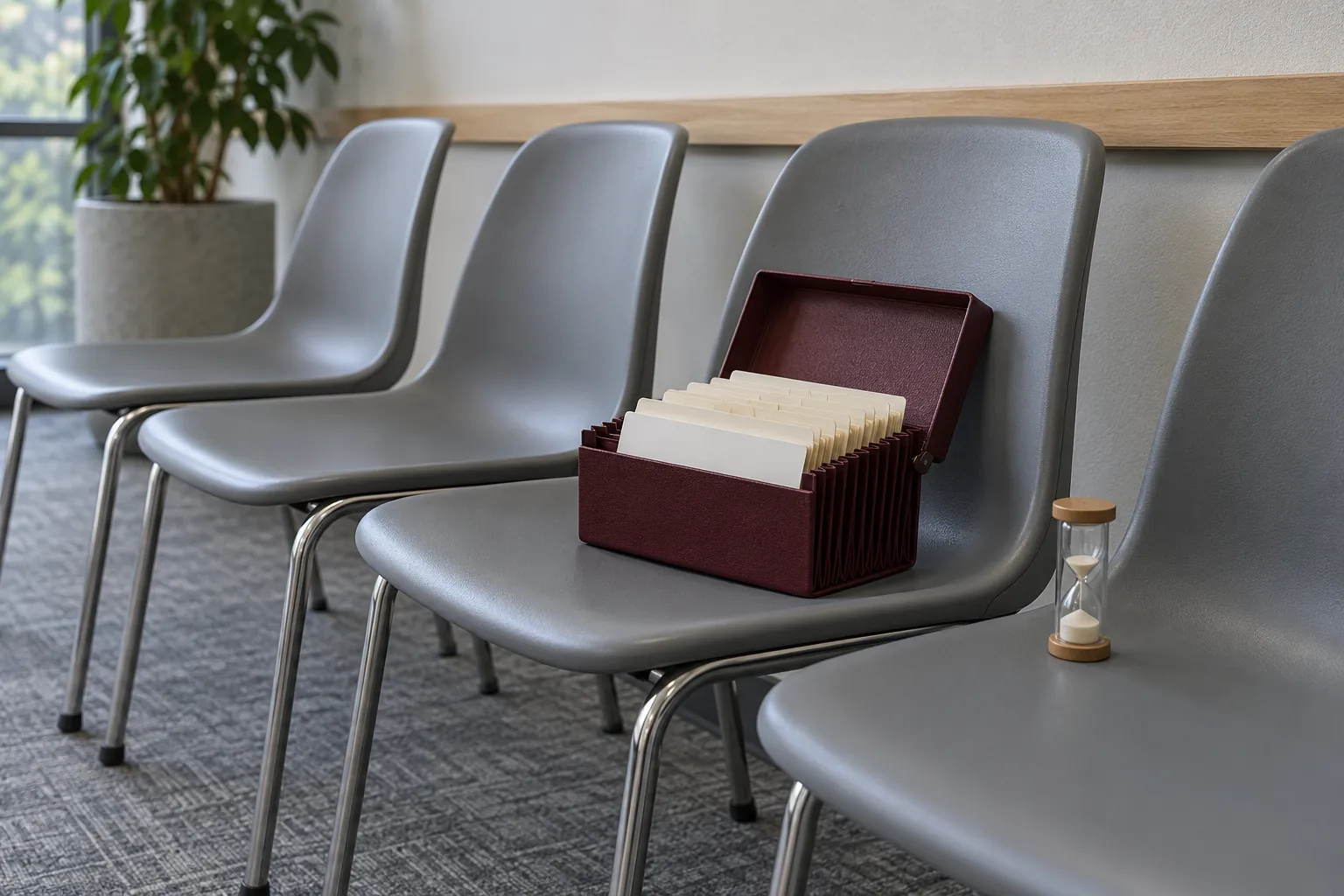 Illustration: A moderator case and sand timer resting on empty molded chairs.