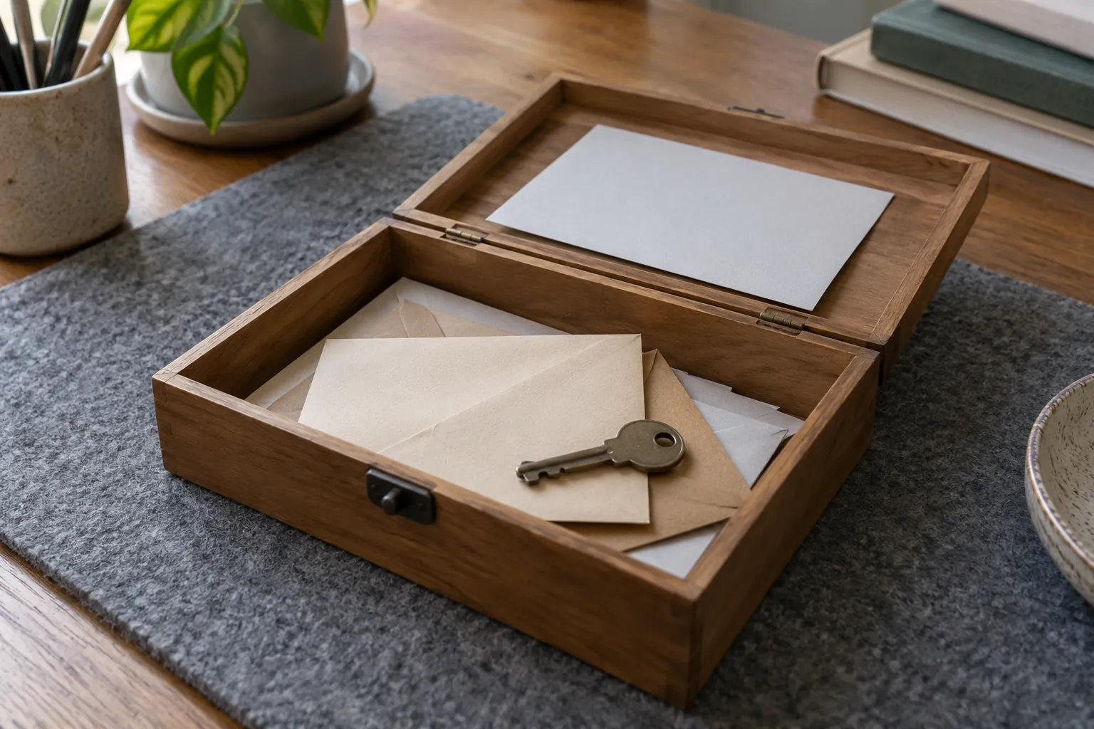 A wooden box containing opaque clue envelopes and a plain key.