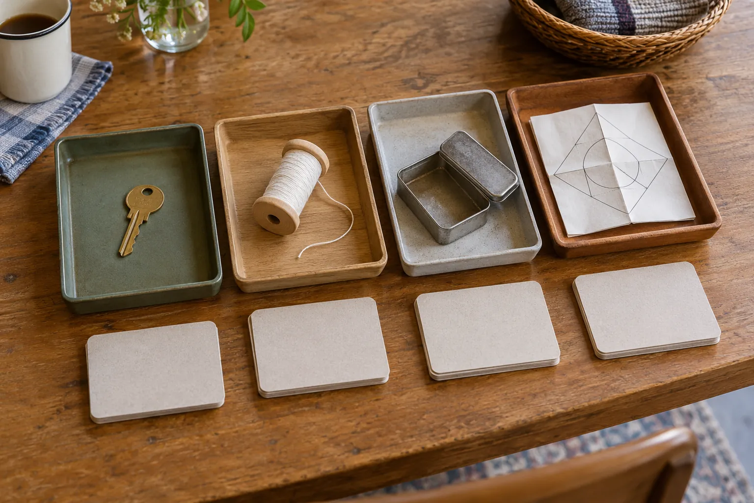Illustration: Everyday objects and face-down clue cards arranged in small trays.