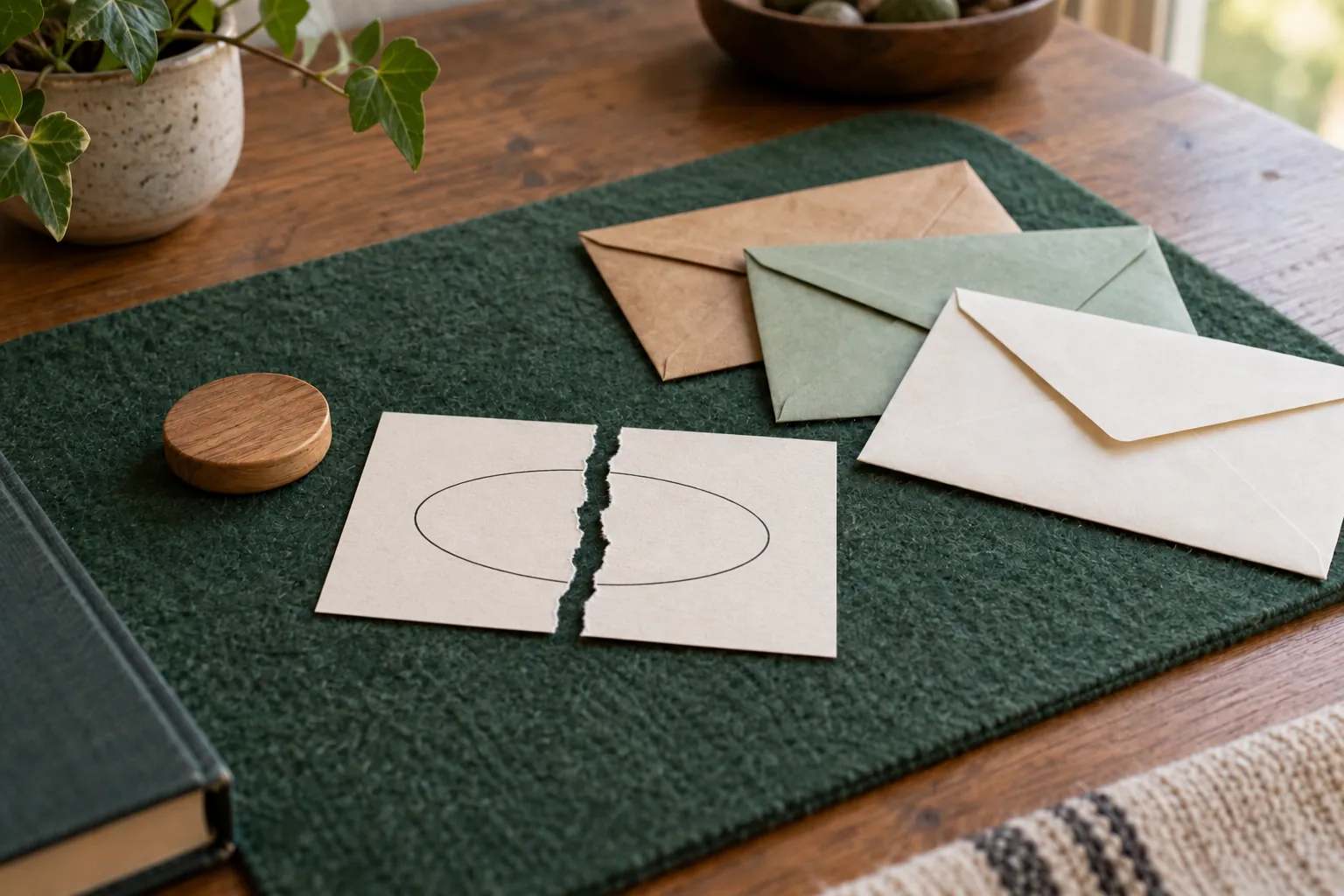 Illustration: Matching torn paper shapes, opaque envelopes and a wooden token on felt.