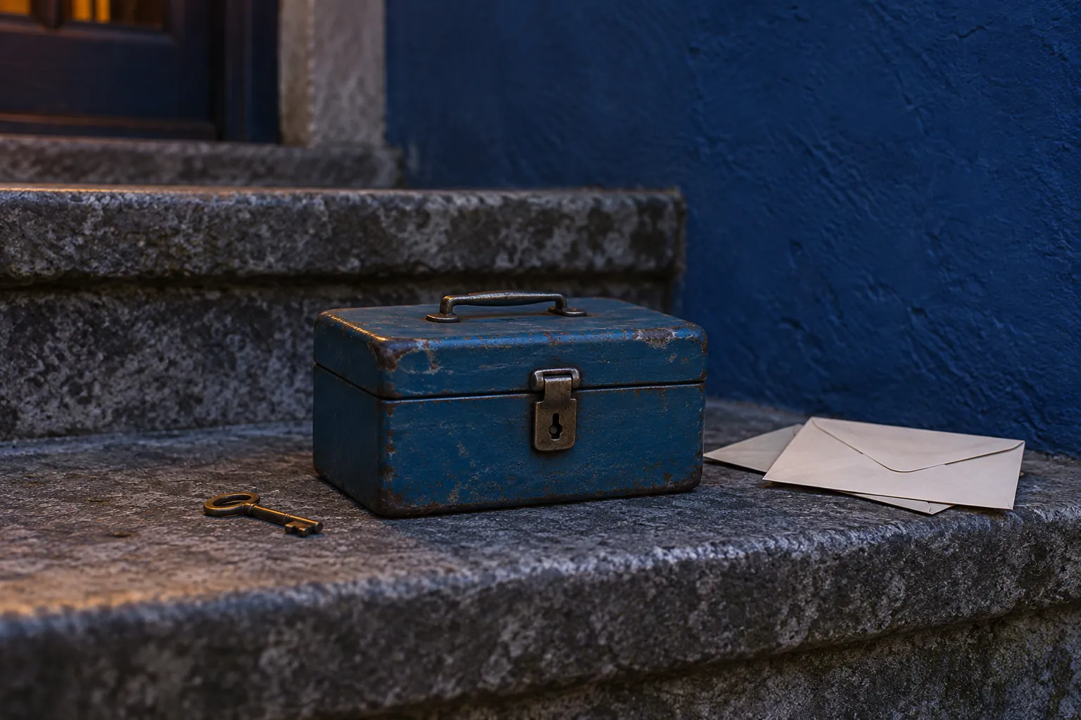 Illustration: A small blue mystery box, key and blank envelopes on a stone step.