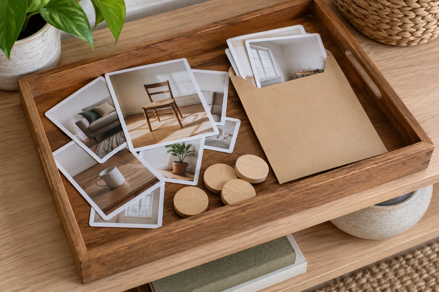 Illustration: Wordless room-and-object clue cards in a folder beside wooden markers.