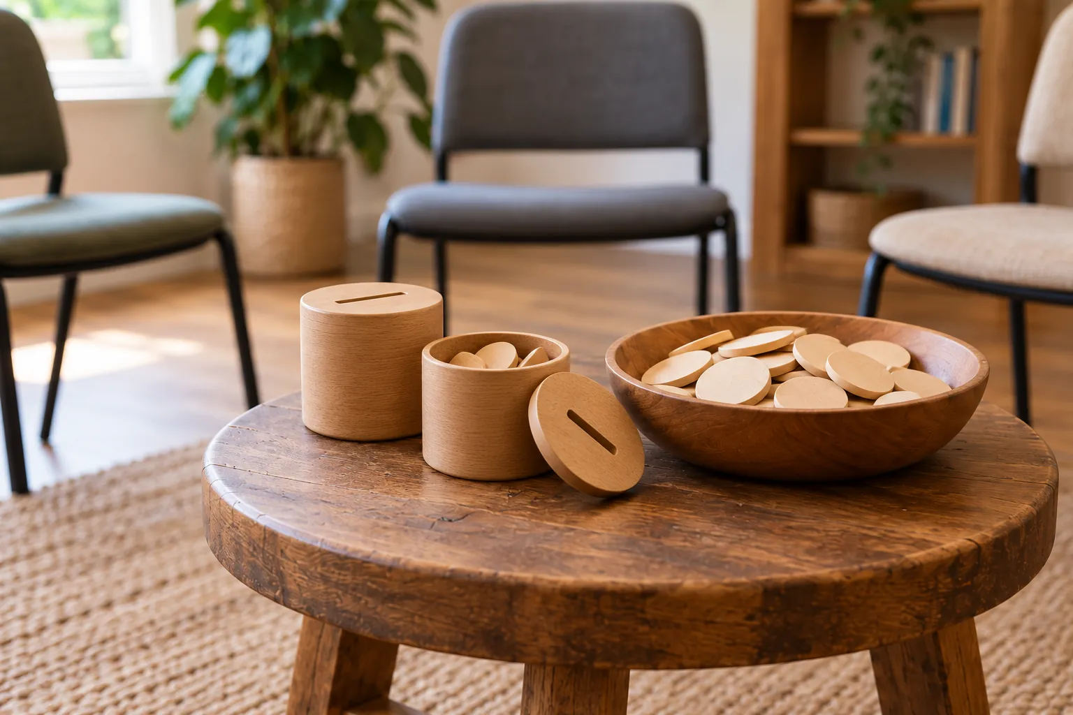 Opaque voting cups and wooden discs on a stool inside an empty chair circle.