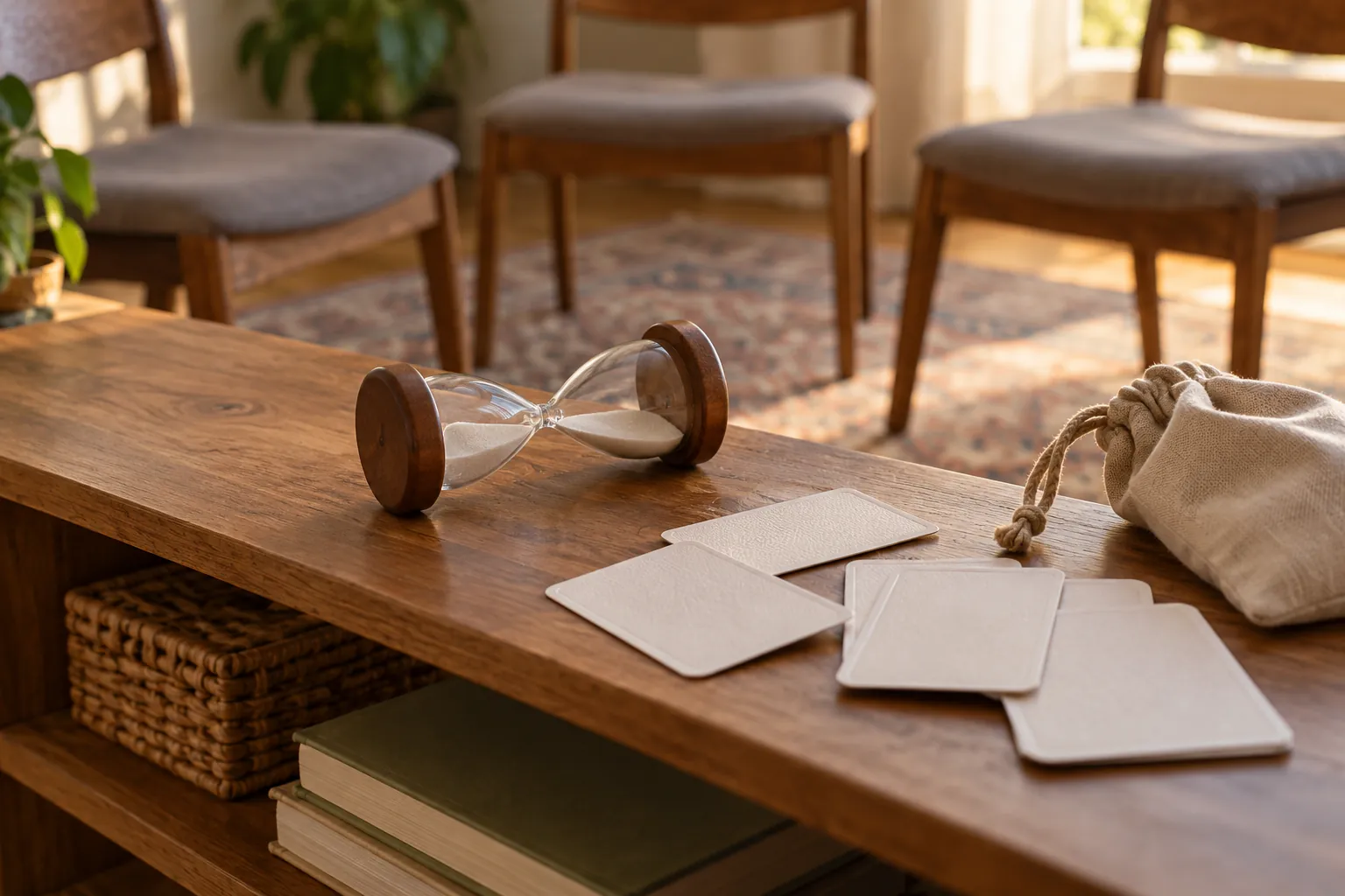 Illustration: A sand timer, face-down role cards and a pouch beside empty game chairs.
